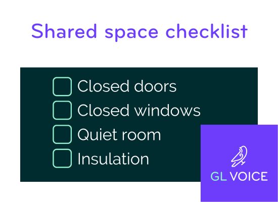Graphic showing a Shared space checklist: closed doors, closed windows, quiet room, insulation. The GL Voice logo in purple is to one side.