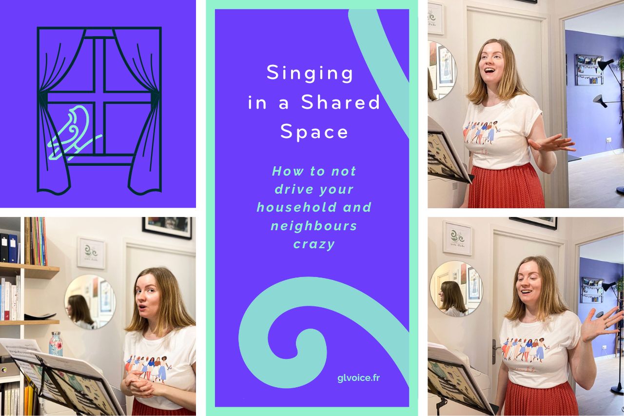 "Singing in a shared space, how not to drive your household and neighbours crazy glvoice.fr" white and mint text on a bright purple background, with a graphic mint swirl and lines. Surrounding the text block are photos of Georgia Aussenac, a white woman in a white tee and coral skirt, singing with various amusing expressions in front of a music stand. There is also a graphic illustration of a window with the GL Voice bird inside.