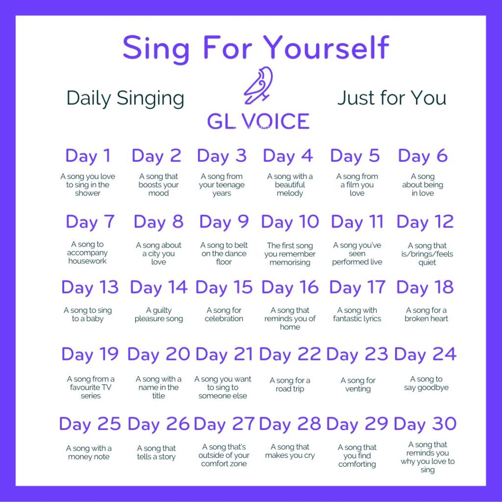 Sing for yourself graphic showing 30 days of singing prompts.