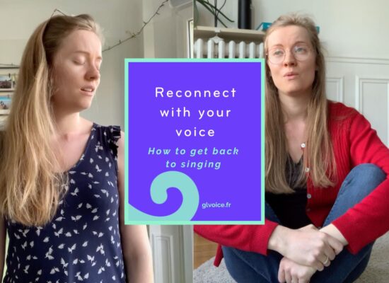 "Reconnect with your voice, How to get back to singing, glvoice.fr" white and mint text on a bright purple background, with mint graphic scroll. Photos around the text box are of Georgia Aussenac singing: on the left she has her head turned to the side, eyes closed with deep emotion; on the right she is sitting cross-legged on the floor with her hands clasped around her knees, wearing a red woollen cardigan and jeans, singing and looking wistful."