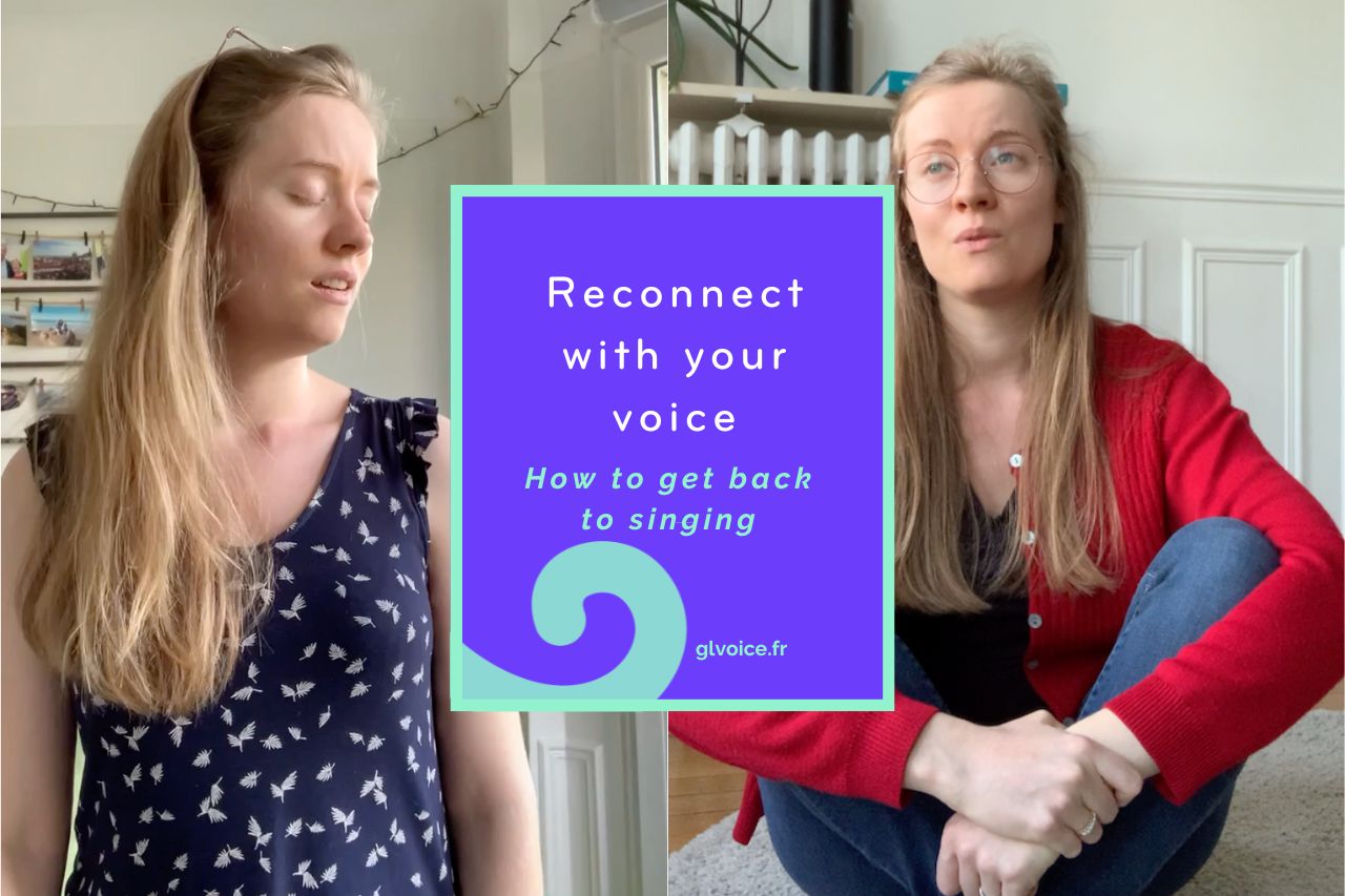 "Reconnect with your voice, How to get back to singing, glvoice.fr" white and mint text on a bright purple background, with mint graphic scroll. Photos around the text box are of Georgia Aussenac singing: on the left she has her head turned to the side, eyes closed with deep emotion; on the right she is sitting cross-legged on the floor with her hands clasped around her knees, wearing a red woollen cardigan and jeans, singing and looking wistful."