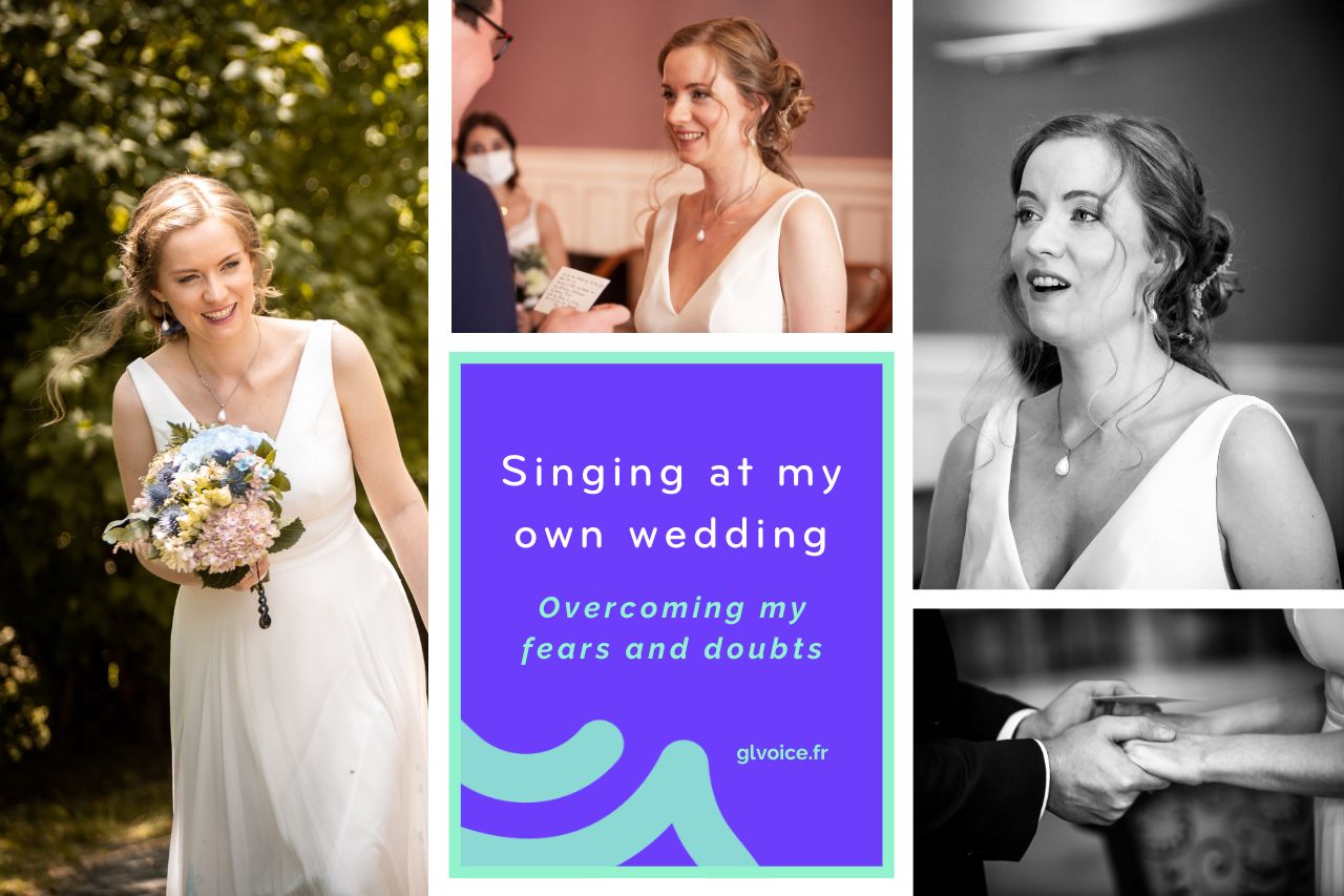 "Singing at my own wedding, overcoming my fears and doubts" mint and white text on bright purple background, with mint swirls graphic. Photos surrounding text block are of Georgia Aussenac wearing a v-neck white wedding dress with a flowing skirt, carrying a bouquet of pastel blues and pinks, standing opposite her husband with tears in her eyes, singing to her husband, and clasping hands with her husband.