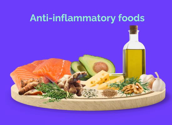 A graphic showing a stock image of a platter of anti-inflammatory foods, including salmon, rosemary, thyme, avocado, almonds, walnuts, cheese, ginger, turmeric, seeds, garlic and olive oil. The image is on a purple background with the text "Anti-inflammatory foods"