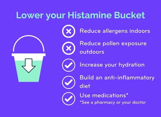 A graphic showing a white bucket filled with mint green, with a white arrow pointing down to show the level of the green is lowering. The text at the top says 'Lower your Histamine Bucket'. There are five bullet points, two crosses and three ticks. The two crosses say 'Reduce allergens indoors' and 'Reduce pollen exposure outdoors'. The three ticks say 'Increase your hydration', 'build an anti-inflammatory diet', and 'use medications*' '*see a pharmacy or your doctor'. The text is white on a purple background.