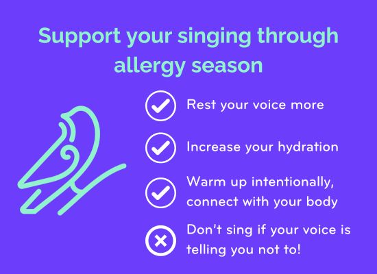 A graphic showing the GL Voice bird logo, and the text 'Support your singing through allergy season'. There are four bullet points: three ticks and one cross. The ticks say: 'Rest your voice more', 'Increase your hydration', and 'Warm up intentionally, connect with your body'. The cross says 'Don't sing if your voice is telling you not to!'. The text is white on a purple background.