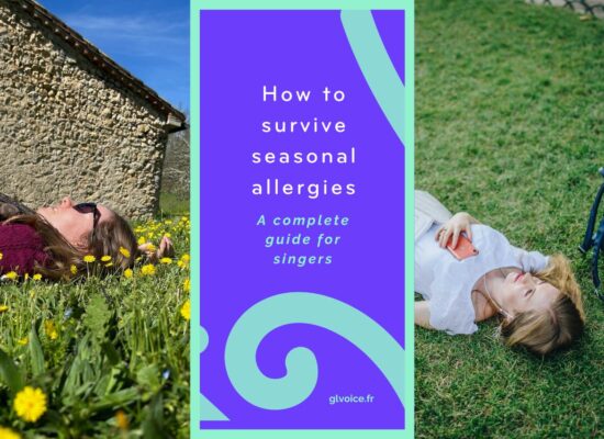 "How to survive seasonal allergies, a complete guide for singers" white and mint text on bright purple, with mint scrolls in the background. On either side of the text block, photos of Georgia Aussenac lying in the spring grass, on the left she's got sunglasses on, and on the right she's listening to music on her phone through wired headphones.