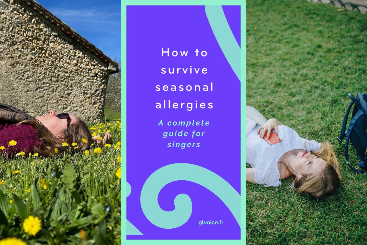 "How to survive seasonal allergies, a complete guide for singers" white and mint text on bright purple, with mint scrolls in the background. On either side of the text block, photos of Georgia Aussenac lying in the spring grass, on the left she's got sunglasses on, and on the right she's listening to music on her phone through wired headphones.