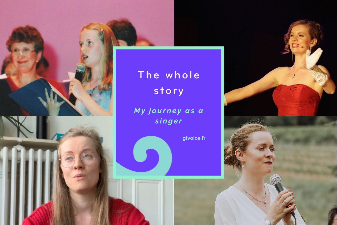 "The whole story, my journey as a singer glvoice.fr" white and mint text over a bright purple background. Surrounding the text box are photos of Georgia at different ages: 1. 10 year old Georgia is standing in front of a group of adults, singing in to a handheld mic. 2. Georgia, a white woman in her 20s, is in a red gown and a fancy updo, singing on a stage with a black backdrop, looking polished; 3. Georgia is singing on her living room floor, looking wistful and raw; 4. Georgia is singing outdoors at a wedding holding a mic, looking emotional.